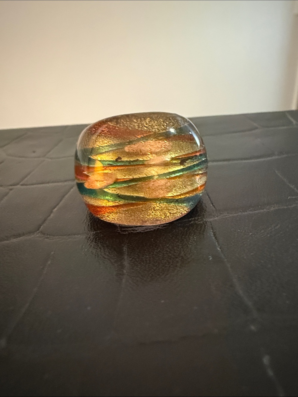 Venetian Glass ring in Gold, Green & Teal